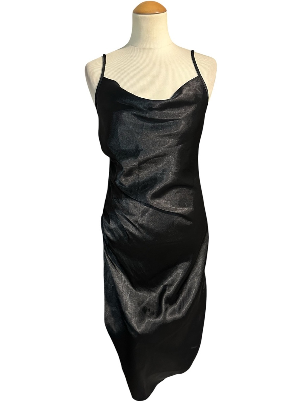 Bebe Satin Cowl Neck Side Ruched Satin Midi Dress Black Size Small